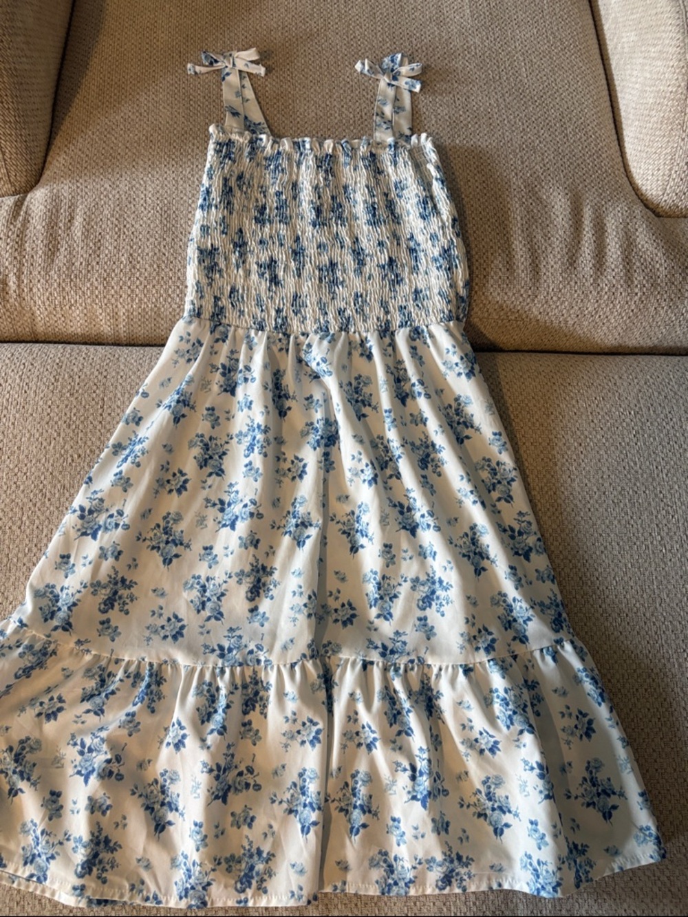SHEIN White and Blue Floral Smocked Sundress